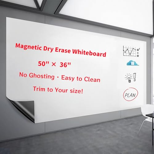 Large Self-Adhesive Whiteboard Sticker 50"x36" - Magnetic Dry Erase Wall Decal for Classroom & Conference Room, No Ghosting, Commercial Grade, Peel & Stick, w/ 11 Markers & Magnets - size: 50"×36"