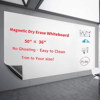 Large Self-Adhesive Whiteboard Sticker 50"x36" - Magnetic Dry Erase Wall Decal for Classroom & Conference Room, No Ghosting, Commercial Grade, Peel & Stick, w/ 11 Markers & Magnets - size: 50"W x 36"H