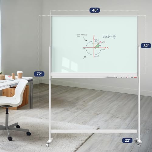 Tankee Rolling Whiteboard, 48x32 Inches Magnetic Glass Dry Erase Board with Stand, Standing White Board on Wheels, Large Glass Mobile Whiteboard for Office School Classroom Home Homeschooling - color: Magnetic Glass Board - W, size: 48"x32"