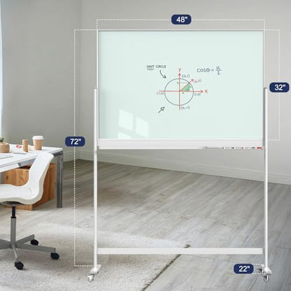 Tankee Rolling Whiteboard, 48x32 Inches Magnetic Glass Dry Erase Board with Stand, Standing White Board on Wheels, Large Glass Mobile Whiteboard for Office School Classroom Home Homeschooling - color: Magnetic Glass Board - W, size: 48"x32"