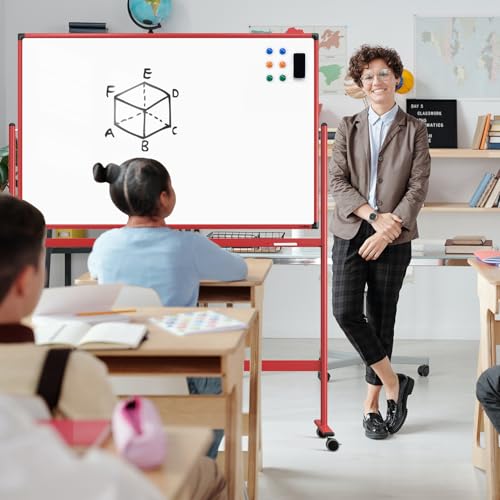 Rolling Whiteboard, 48x32 Inches Dry Erase Board with Stand, Magnetic Mobile Whiteboard on Wheels, Standing White Board for Office, School, Home, Large Double Sided White Board with Paper Pad - color: Red, size: 48"x32"