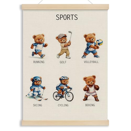 MOTERMATE Bear Sports Nursery Poster Hanger Frame, Sports Wall Hanging Decor Art Framed for Toddlers Kids Boys Room Nursery Bedroom Playroom, Kids Playroom Wall Poster Prints, 12x16 Inch - color: sport