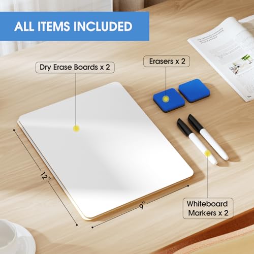 MaxGear Double Sided Dry Erase Board, 9'' x 12'' Small White Board, 2 Pack | Reusable Double Sided Surface, Easy to Write and Erase, Portable Small Learning Board, Includes 2 Markers and 2 Erasers