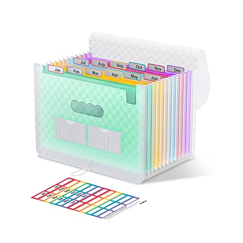 ThinkTex Accordion File Organizer, 12 - Pocket Expanding File Folders for Paper Receipts, Bills & Taxes Organizer, Letter/A4 Size Document Holder for School, Office, Home with Colorful tabs- Green - color: Green