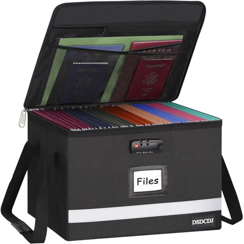 File Box with Lock - Portable File Organizer Box with Handle, Sturdy Important Document Organizer with Label, Slide, Reflective Strip for Hanging Letter/Legal Folder - size: 15.5" x 12.3" x 10.5", style: Black 1 Pack- Box with Lock