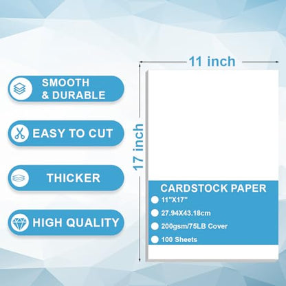 Cardstock Paper - Plain Heavy White Stock, Cover Stock Paper, 75lb(200 gsm) Cover Stock Paper, 11" x 17", 100 Sheets, Cardstock Paper for Printer, Resume, Scrapbooks, Art, Crafts, Business Cards - size: 11"x17" 75lb