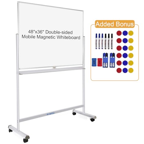 H-Qprobd Rolling Whiteboard with Stand 48"x36" Double-Sided Mobile Magnetic Dry Erase Board on Wheels for Home, Office & School - size: 48x36