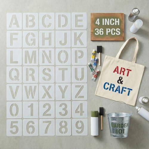 Actual 4'' Font Height (5.1" Stencil Height) - 36 Pcs Large Letter Stencils for Painting on Wood, Reusable Plastic Alphabet and Number Templates for Porch Signs, Address Curb & DIY Wall Art
