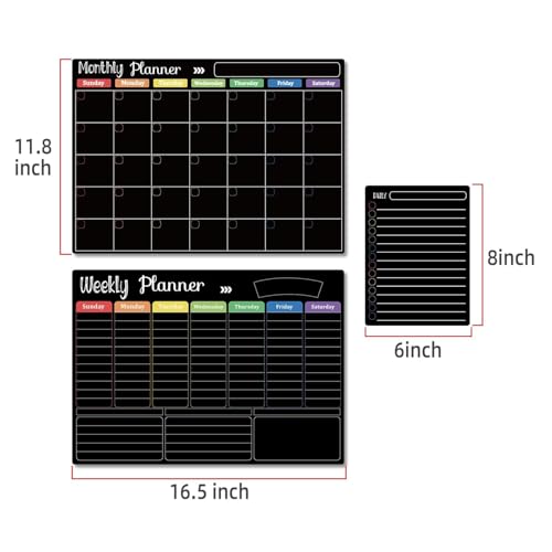 Hivillexun Magnetic Black Dry Erase Calendar White Board Set (3-Pack) - Monthly, Weekly Planners & Daily Notepad for Fridge, Home & Office, Includes 8 Markers - color: Black Monthly/Weekly/Daily Planners + 8 Markers & Eraser