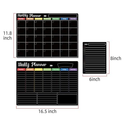 Hivillexun Magnetic Black Dry Erase Calendar White Board Set (3-Pack) - Monthly, Weekly Planners & Daily Notepad for Fridge, Home & Office, Includes 8 Markers - color: Black Monthly/Weekly/Daily Planners + 8 Markers & Eraser
