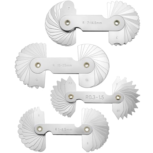 QWORK 4 Pack Radius Gauge Set, Precision Stainless Steel Measurement Tool for Convex & Concave Surfaces, R0.3-1.5mm/ R1-6.5mm/ R7-14.5mm/ R15-25mm