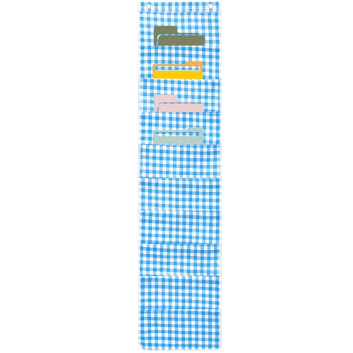 MotiMind 10 Pockets Wall Hanging File Folders File Storage Pocket Chart for Classroom Hanging Wall Organizer with 2 Over the Door Hangers, 58" x 14" for School Classroom Office Home (Blue Plaid) - style: Blue Plaid