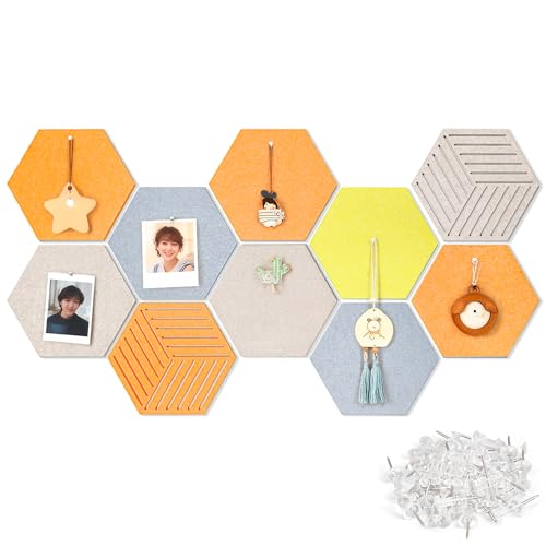 12'' Hexagon Cork Board Tiles Alternative, 10 Pack Frameless Felt Bulletin Board Tiles, Removable Corkboard for Wall, Decorative Pin Board for Office Wall Decor, Vision Board with 30 Pushpins - color: Mixed C, Orange, Light-camel, Dark Grey, Yellow, size: