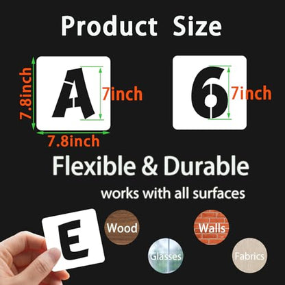 BAMIDELE 7 Inch Letter and Number Stencils, 40 Pcs Reusable Plastic Alphabet Spray Paint Stencils for Painting on Wood, Wall, Fabric, Rock, Chalkboard, Door Porch, Signage, DIY Craft Decoration - size: 7 Inch