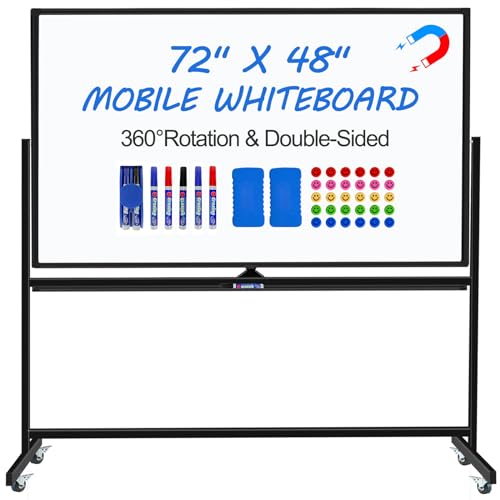 Max-officoo Large Dry Erase White Board with Rolling Stand 72"x48" Double-Sided Mobile Magnetic Whiteboard on Wheels, Including 3 Magnetic Erasers, 7 Markers, 30 Magnets - color: Black, size: 72"W x 48"H