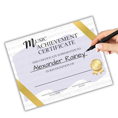 Music Achievement Certificate Award | 8.5x11” Recital Certificate Most Improved Elementary Middle School Blank Kids Recognition Pins Lessons for Students Personalized