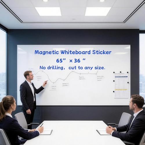 Extra Large Magnetic Dry Erase Whiteboard 65"x36" - Self-Adhesive Flexible Wall Board for Office, Training, Home Office w/ 11 Markers, 6 Magnets, Eraser & Holder, Ultra Smooth, No Ghosting, Easy Erase - size: 65"×36"