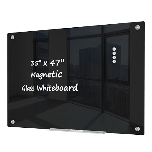 J&J worldwide Black Magnetic Glass Whiteboard 47x35 Inch, Frameless Tempered Glass Dry Erase Board Wall Mounted Includes Markers, Eraser, Magnets, Mounting Kit for Office Home& School - color: Black, size: 47"W x 35"H