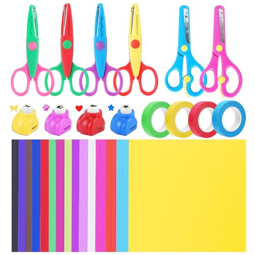 UCEC 44 Pack Scrapbook Supplies Kit, Craft Scissors Decorative Edge, Safety Scissors, Hole Punch Shapes Craft, Cardstock Paper, Washi Tapes for DIY Art, Crafts, Scrapbook, Card Making, School Supplies - color: Beginner Set 3