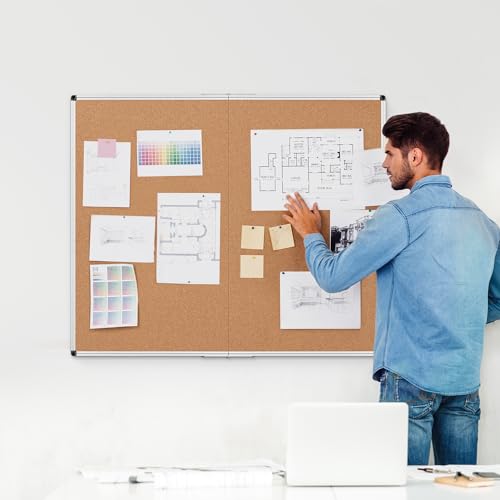Extra Large Cork Bulletin Board 48" X 48", Foldable Notice Pin Board for Wall, Silver Aluminum Framed 4'x4' Corkboard, Wall Mounted Noticeboard with 36 Push Pins for School, Home & Office - size: 48" x 48"