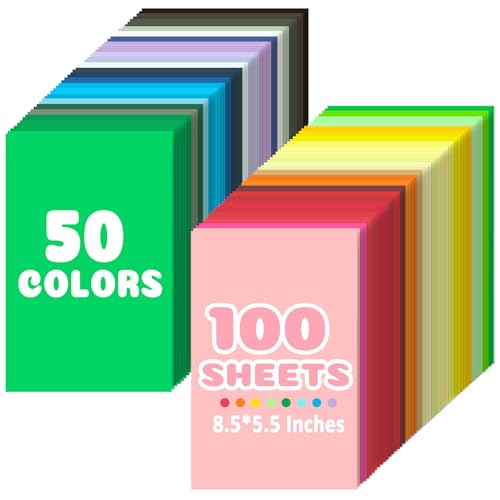 100 Sheets 50 Assorted Colored Cardstock Printer Paper 8.5 x 5.5In, Stock for Printing, 180gsm/65lb Cardstock Paper for Diy Crafts, Party Decorations, Halloween DIY Card Making - size: 8.5×5.5inch