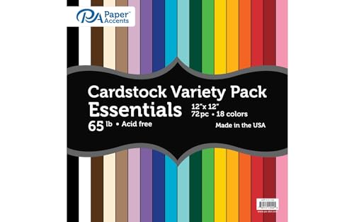 Accent Design Paper Accents Variety Pack, Essential Cardstock, 12x12 Inch, 72 Pack, 18 Colors, 65lb Cardstock, Scrapbooking, Card Making, and Rubber Stamping - color: Multicolor