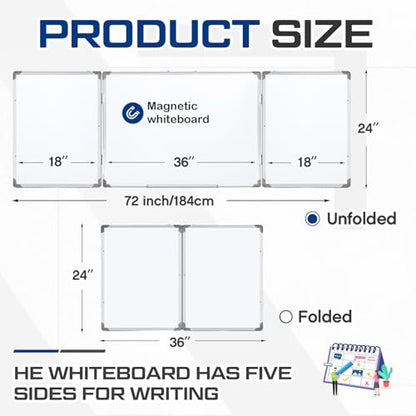 AmazingSpark 72" x 24" Foldable Whiteboard Dry Erase Board Large Tri Folding Whiteboard Magnetic Dry Erase Board, Wall Aluminium Frame and Flip Out Pen Tray for Office, Home - size: 72"W x 24"H