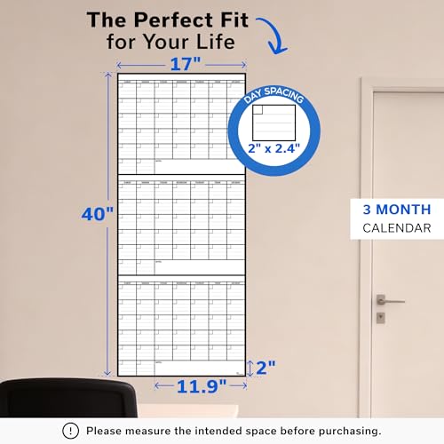 3 Month Dry Erase Calendar for Wall 40x17, Large Three Monthly Reusable Planner, Big Dry Office Erase, Rolled Whiteboard White Board, Classroom Calendar Undated Giant for Wall Erasable Family - size: 3 Month (40 x 17 inch)