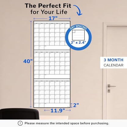 3 Month Dry Erase Calendar for Wall 40x17, Large Three Monthly Reusable Planner, Big Dry Office Erase, Rolled Whiteboard White Board, Classroom Calendar Undated Giant for Wall Erasable Family - size: 3 Month (40 x 17 inch)