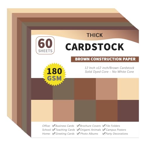 gisgfim 60 Sheets Colored Cardstock 12 X 12 Solid Dyed Core Brown Construction Paper Cardstock 5 Assorted Colors Card Stock Printer Scrapbook Paper 65lb/180gsm for Embossing Printing DIY Craft Arts - color: Brown, size: 12 X 12
