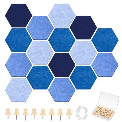 Mindsoft 6.7 x 5.9 in 16 Pcs Hexagon Cork Board Tiles with 50 Wooden Push Pins, Cork Boards for Wall, Felt DIY Tiles with Nano Tape, Pin Board for Office Classroom Home Photo Memo Note (Ocean) - color: Ocean, size: 6.7 x 5.9 in