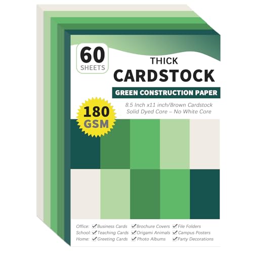 gisgfim 60 Sheets Green Cardstock Paper 8.5 X 11 Solid Core Construction Printer Paper 5 Assorted Colors Dyed Card Stock Scrapbook 65lb/180gsm for St. Patrick's Day DIY Crafts, Cards Making, Printing - color: Green, size: 8.5 X 11