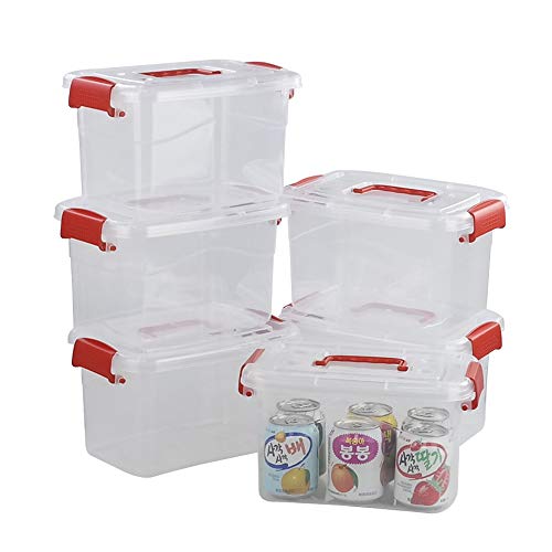5 L Plastic Storage Bin with Lid, Clear Transparent Box With Red Handles Set of 6 - color: Red