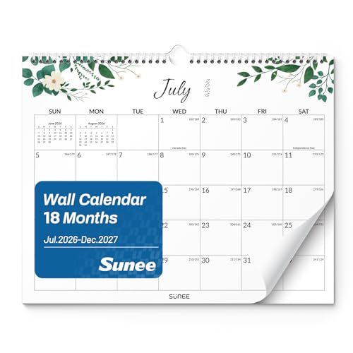SUNEE Wall Calendar 2026-2027 18 Months Jul. 2026 - Dec. 2027, 14.5"x11.5" Big Grid Hanging Calendar with Note for Organizing & Planning, Monthly Calendar 2026-2027 with Last Month and Next Month, Greenery - color: Greenery