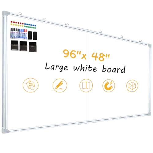 Offi- eqp 96"X48" Magnetic Whiteboard - Dry Erase Board, 8x4 Ft, Foldable Design, Non-Glare Coated Surface Large Wall Board, Silver Frame for Classroom and Meeting Room (Professional Kit Included) - color: White, size: 96"W x 48"H