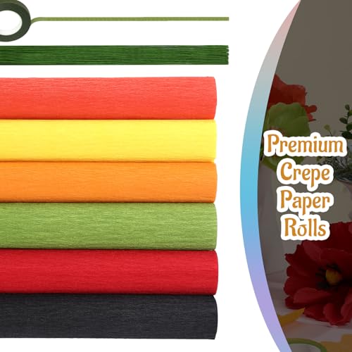 Gersoniel 57 Pcs Crepe Paper Flower DIY Kits 6 Rolls 35g Papel Crepe Sheets 50 Pcs Floral Iron Wire 10 Inch x 8 Feet 1 Roll 50 Meter for Birthday Party Wedding(Bright Series) - color: Bright Series