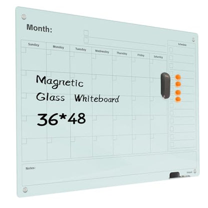 Magnetic Glass Dry Erase Board Calendar- White Board 48 x 36 Inch Wall Mounted Monthly Whiteboard, Large Frameless Glass White Board for Wall Office, Home & School - color: Mothly-b, size: 48"W x 36"H