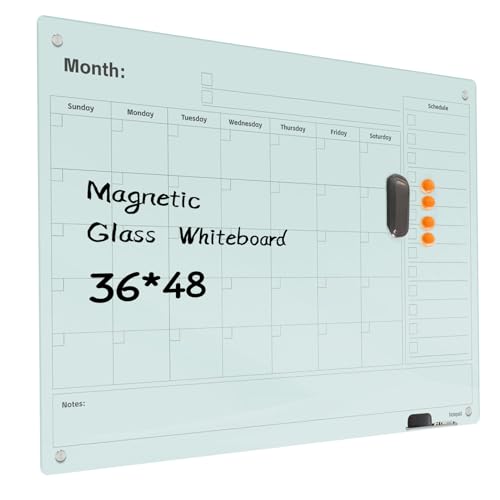 Magnetic Glass Dry Erase Board Calendar- White Board 48 x 36 Inch Wall Mounted Monthly Whiteboard, Large Frameless Glass White Board for Wall Office, Home & School - color: Mothly-b, size: 48"W x 36"H