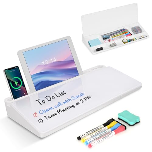 Desktop Glass Whiteboard with Storage, Desk White Board with Computer Keyboard Stand, White Dry Erase Board with Drawers for Home, School, Office Desk Organizers and Accessories - color: Organizer-all White
