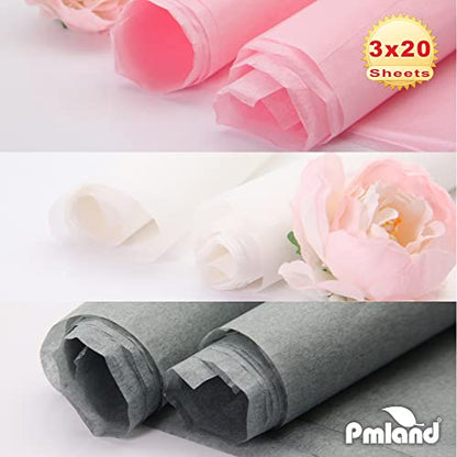 PMLAND Gift Wrapping Tissue Paper - Gray Pink White Assorted - 20 Inches x 26 Inches 60 Sheets - color: Gray/Pink/White