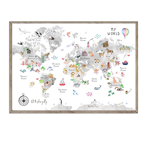 Grey Kids World Map Wall Art Animal Canvas Wall Art Nursery Wall Decor World Map Poster Playroom Prints Educational Artwork16x24 Inch Unframed - color: Grey Map Art, size: 24"L x 16"W