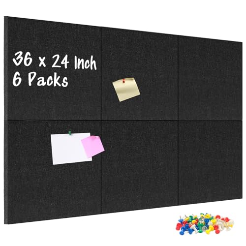 DOLLAR BOSS Felt Cork Board Tiles, 6 Pcs 12" x 12" Bulletin Board, Black | 1/2" Thick, Self Adhesive, Acoustic Soundproof Panels for Walls, Includes 60 Pushpins, For Home Office Kitchen School - color: Black, size: 6 PCS
