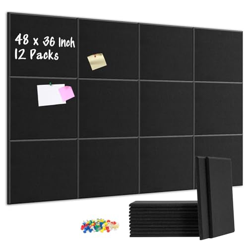 DOLLAR BOSS Felt Cork Board Tiles 48" x 36" Bulletin Board, 12 Pcs Black | 1/2" Thick, Self Adhesive, Acoustic Soundproof Panels for Walls, Includes 60 Pushpins, For Home Office Kitchen School - color: Black, size: 12 PCS