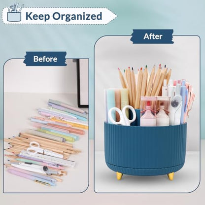 SKYDUE 360 Degree Rotating Desk Organizer, Dual-Purpose Pencil Pen Holder, Rotating Desk Pen Organizer with 5 Slots, Pencil Cup for Office, School, Home - color: Dark Blue
