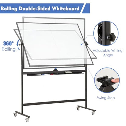 Large Magnetic Mobile Whiteboard 60"x48", Rolling Double Sided Stand Whiteboard on Wheels, Reversible Adjustable Height/Angle Dry Erase Board 5' x 4' Easel White Board for Office Classroom, Black - color: Black, size: 60" x 48"