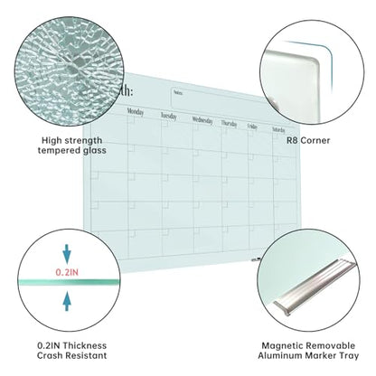 Magnetic Glass Monthly Calendar Whiteboard - 48"x36" Frameless Glass Dry Erase Board for Walls - White - color: Mothly-a, size: 48" x 36"