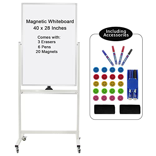 Max-officoo 40" x 28" Mobile Dry Erase Whiteboard Double-Sided White Boards on Wheels Flip-Over Magnetic Rolling Whiteboard with Stand, Aluminium Frame - size: 40"x28"