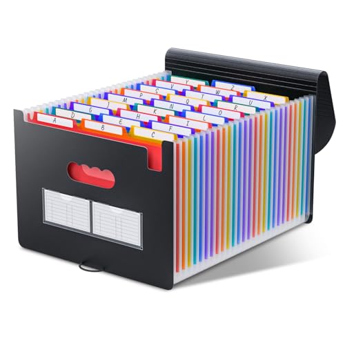 ThinkTex 26 Pockets File Folder, A4 Accordion File Organizer, Letter Size Expandable File Folders, Accordion Folder Paper Coupon Bill Receipt Organizer with 3 A-Z Alphabet Colored Tabs - style: Black 26 Pockets 3Tab