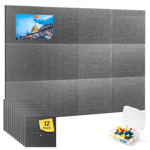VUSIGN Large Cork Board for Wall 47"x35", 12 Pack Bulletin Board, Felt Wall Tiles with Adhesive Tabs and Push Pins, Push Pin Board for Office, School, Home, Grey - color: Grey