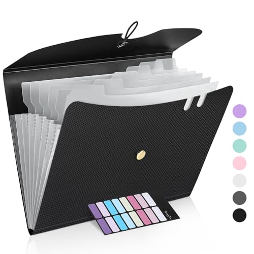 Sooez 7 Pocket Accordion File Organizer, Premium Expanding File Folder, Letter Size Folders for Documents, Sleek Filing Folders with Bungee Closure, Portable Folders for School Office Supplies, Black - color: Black-transparent Sleeves